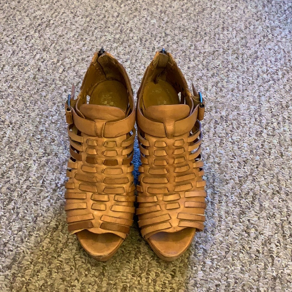 Vince Camuto Cognac Brown Woven Leather Wedge Sandals
